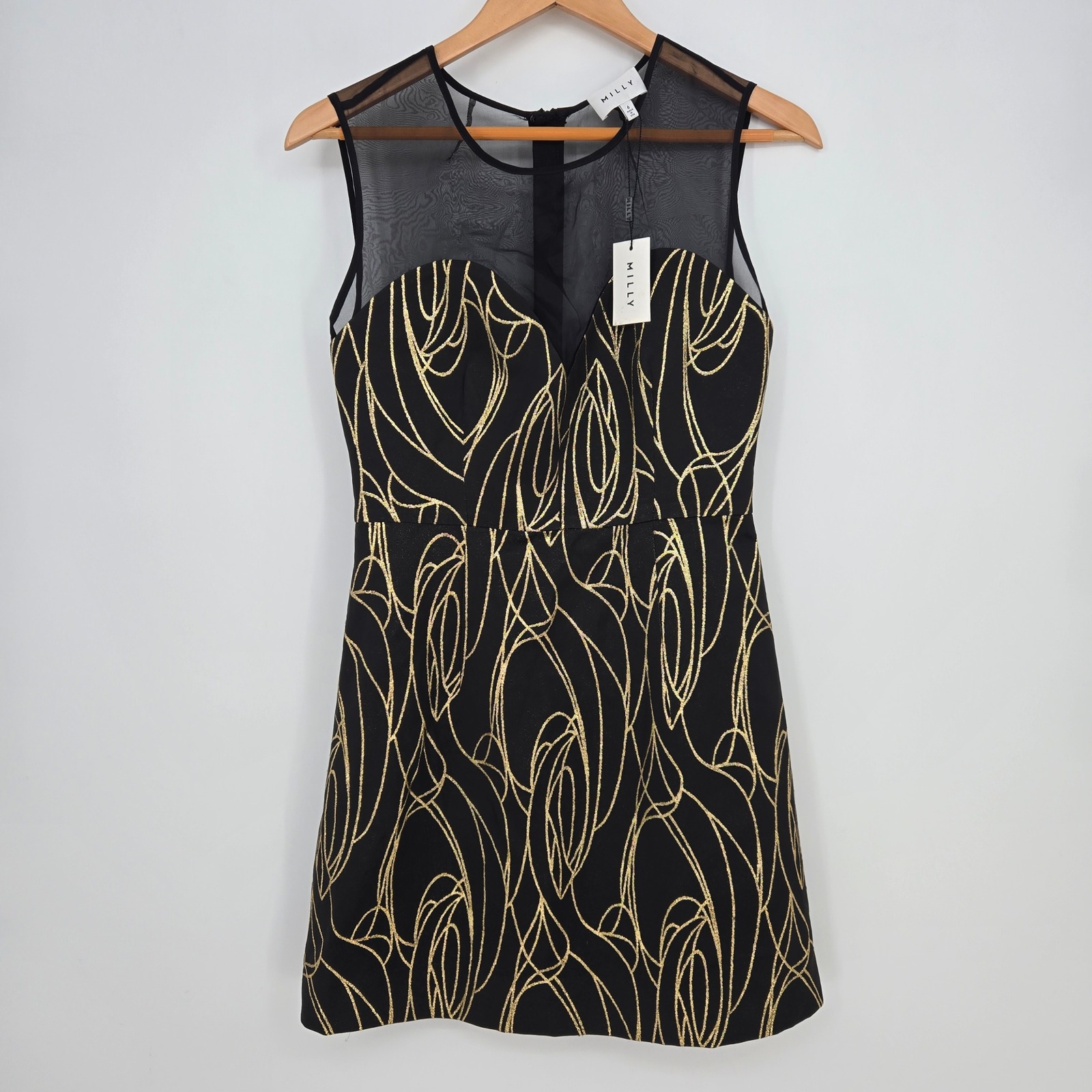 Nwt $390 Milly Lena Mini Dress Womens 6 Black Gold Lbd Sheer Top Silk Lining New